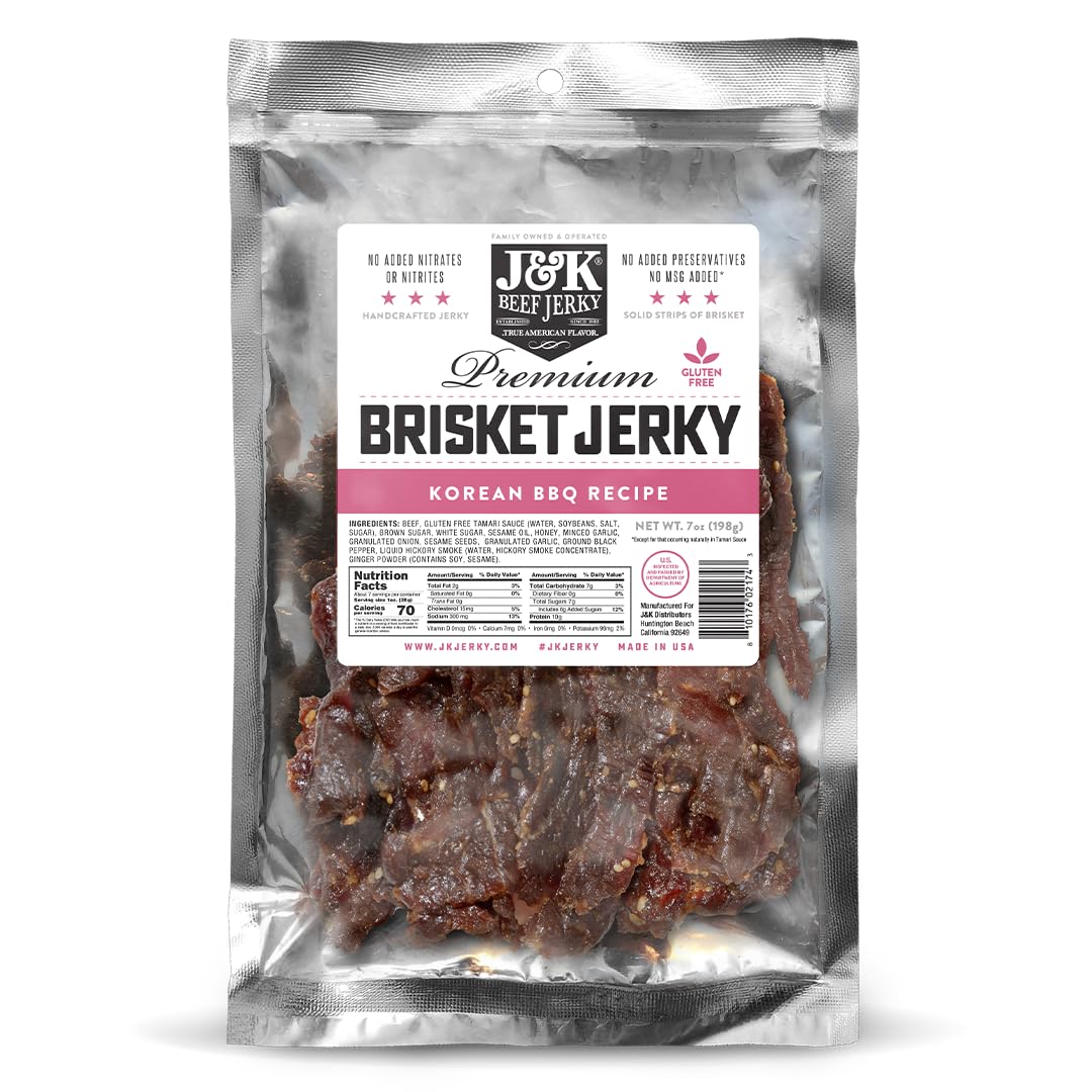 J&K Beef Jerky Korean BBQ in resealable bag for convenient snacking.