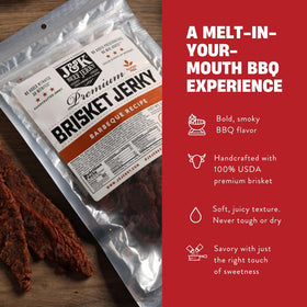 J&K Beef Brisket Jerky slices on board, highlighting tender texture for quick snacks.