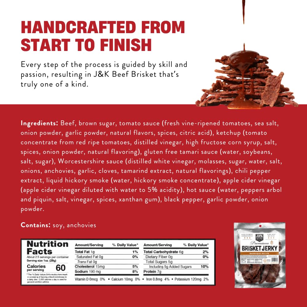 J&K Beef Brisket Jerky smoky barbecue marinade delivers rich aroma.