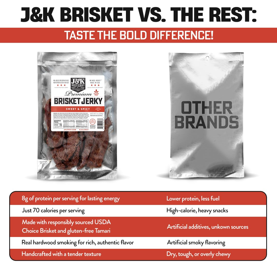 J&K Beef Jerky brisket closeup highlights full-cut tenderness and rich flavor.