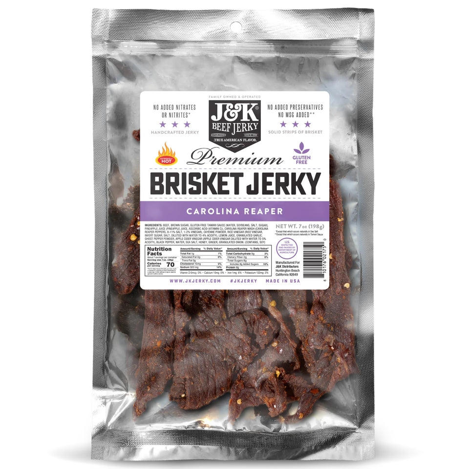 J&K Beef Jerky Carolina Reaper brisket slab in travel-ready packaging for on-the-go protein.