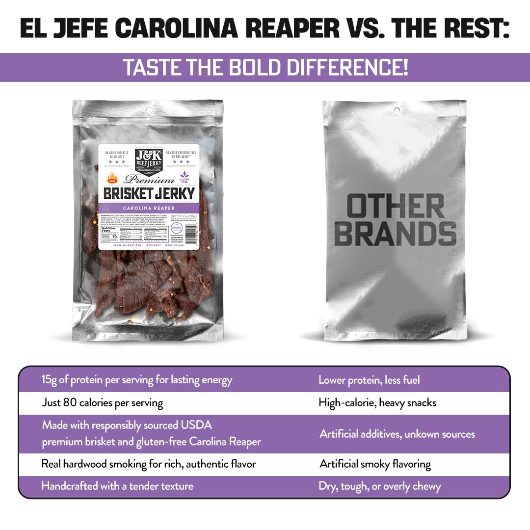 J&K packaging highlights small-batch American craft of Carolina Reaper brisket jerky.