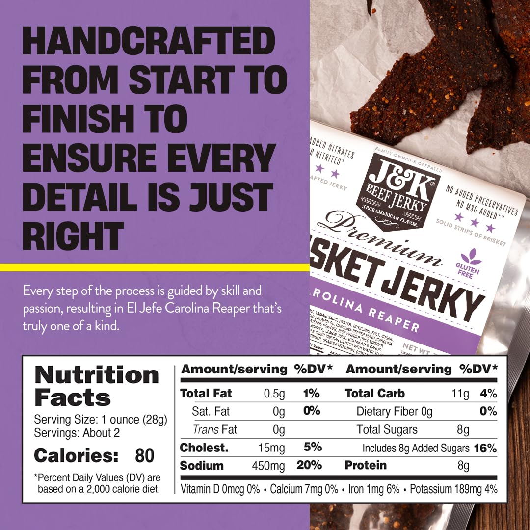 J&K beef jerky ready for gym bag or desk snack, featuring brisket tenderness.