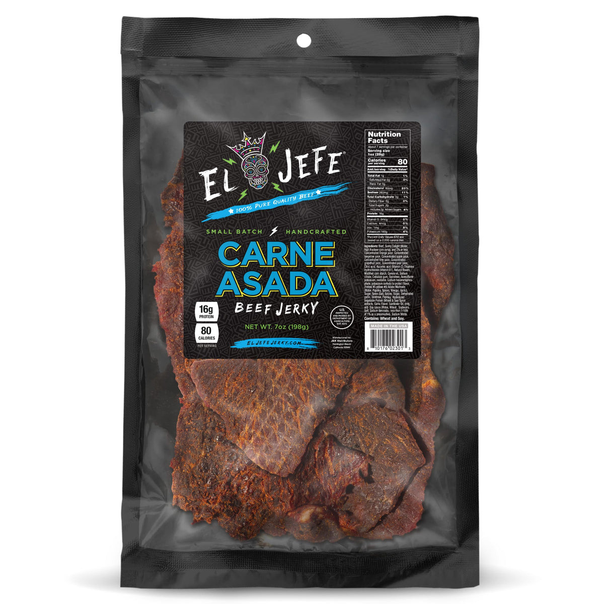 J and K Beef Jerky El Jefe Carne Asada 7oz slab front view showcasing bold flavor potential