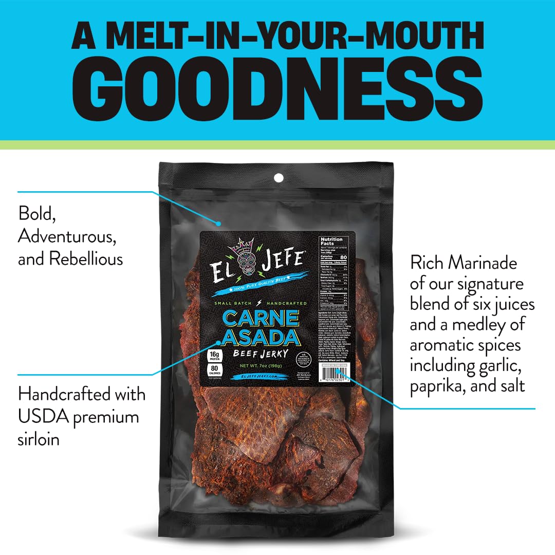 J and K Beef Jerky El Jefe Carne Asada 7oz slab side angle showing marinated texture