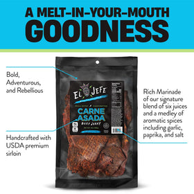 J and K Beef Jerky El Jefe Carne Asada 7oz slab side angle showing marinated texture