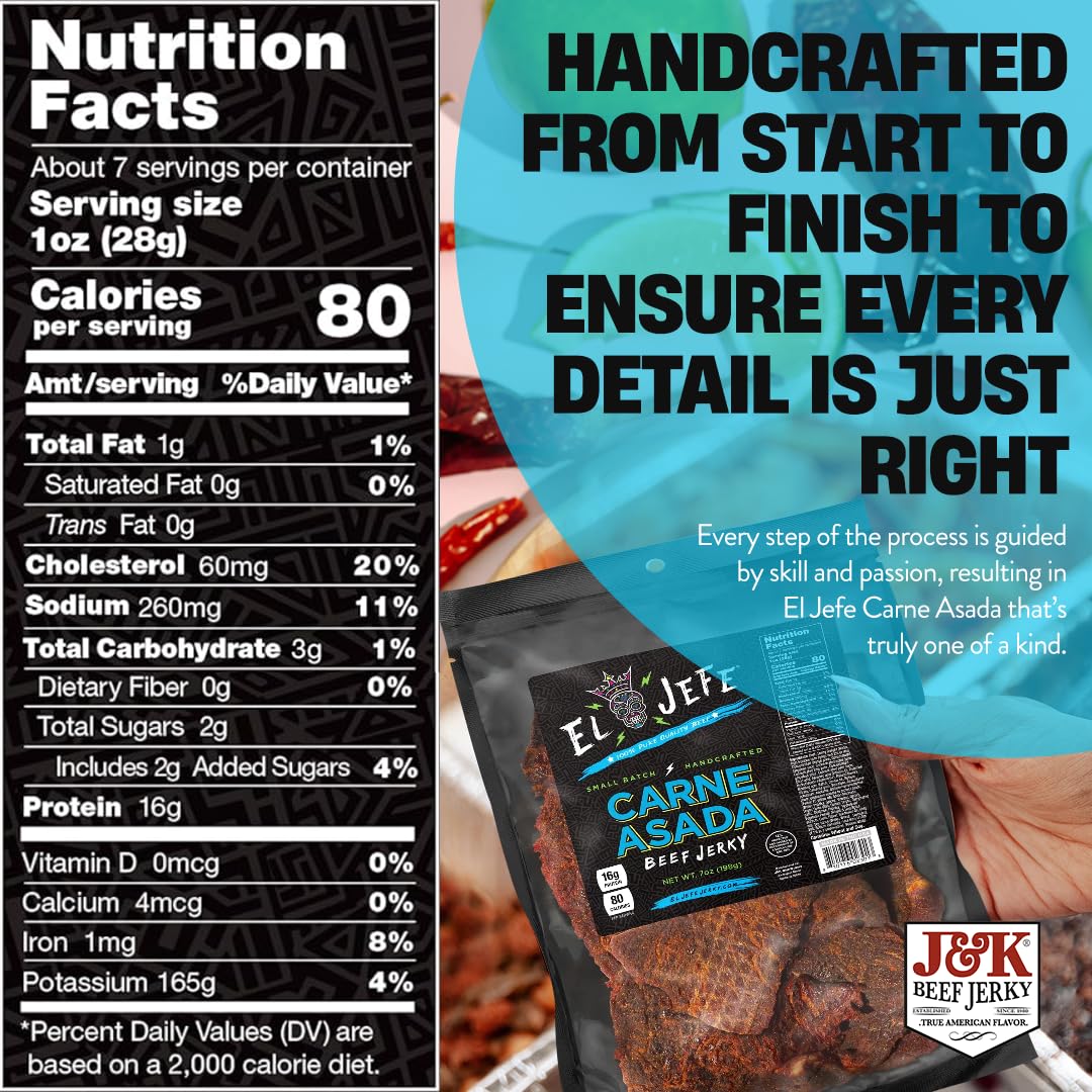 J and K Beef Jerky El Jefe Carne Asada 7oz ready to snack during travel or hikes