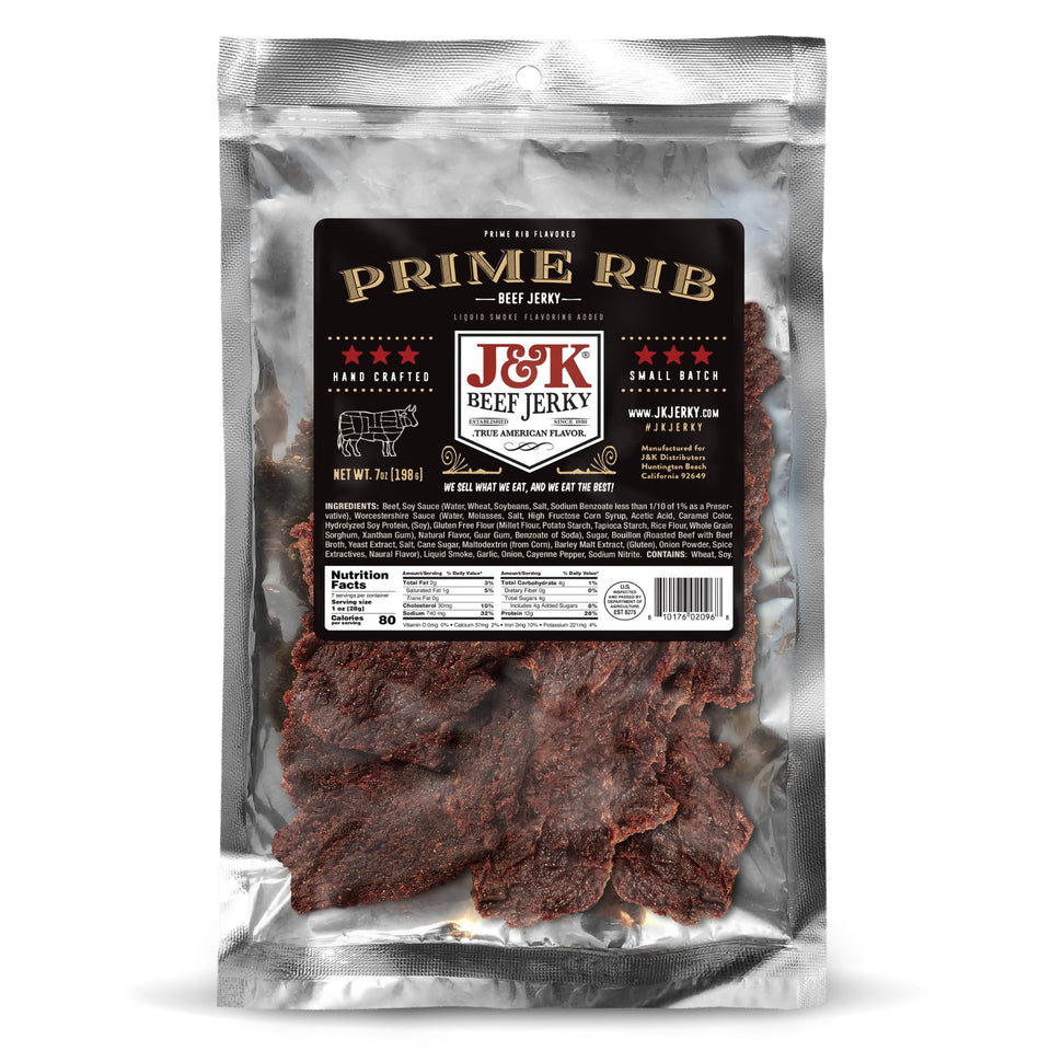 J&K Beef Jerky Prime Rib Slab packaging showcases bold branding for on-the-go snacks.