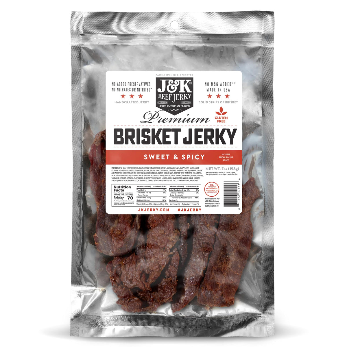 J&K Beef Jerky brisket slices show tender texture for savory snacking.