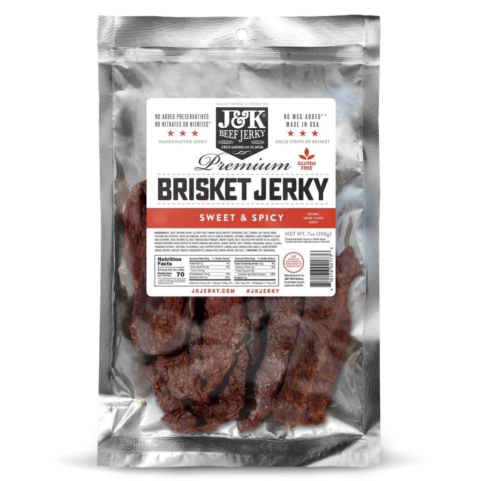 J&K Beef Jerky brisket slices show tender texture for savory snacking.