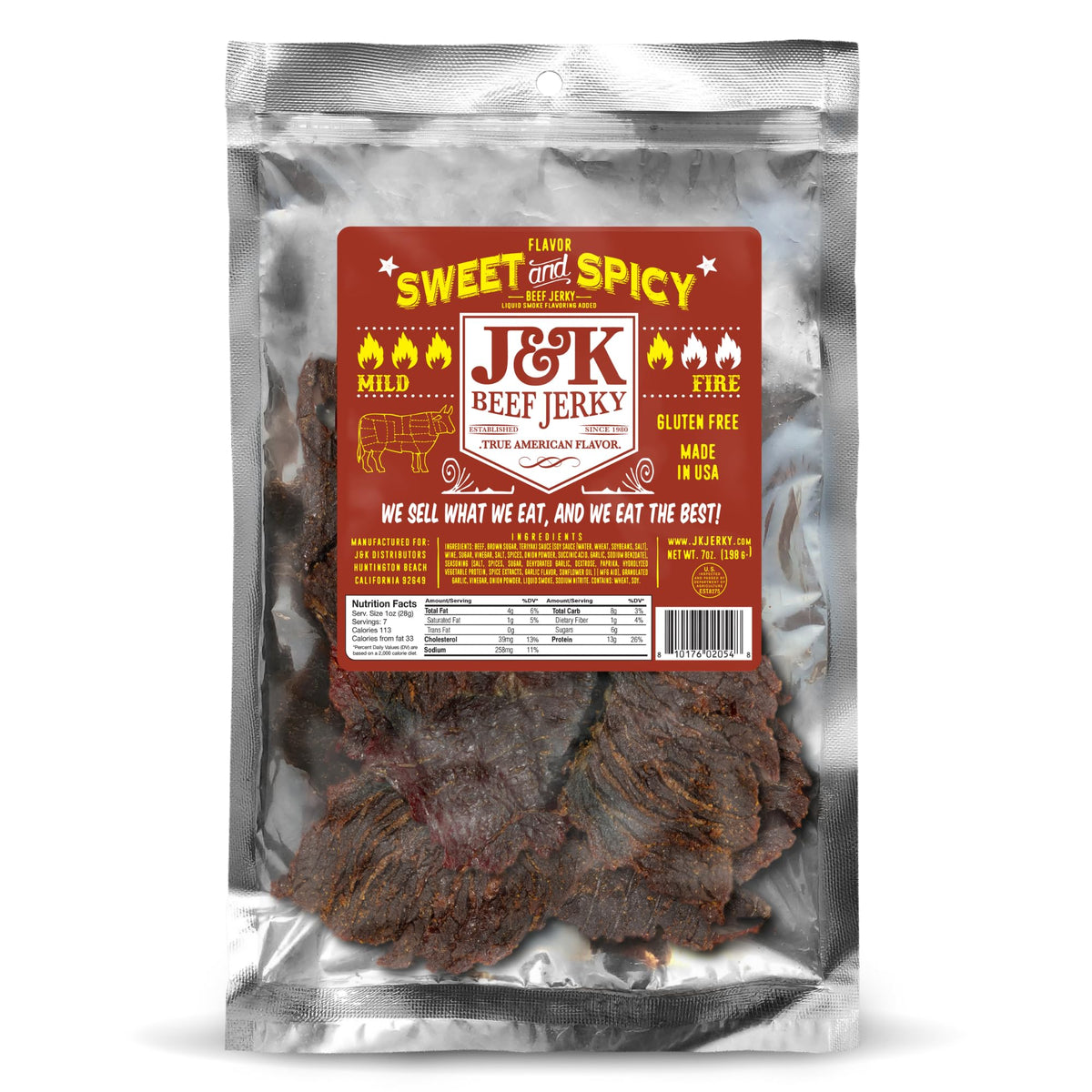 J&K Beef Jerky Sweet and Spicy 7oz front view highlighting bold flavor.