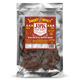 J&K Beef Jerky Sweet and Spicy 7oz front view highlighting bold flavor.