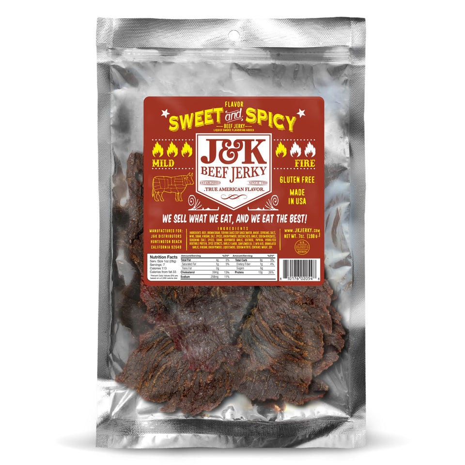 J&K Beef Jerky Sweet and Spicy 7oz front view highlighting bold flavor.