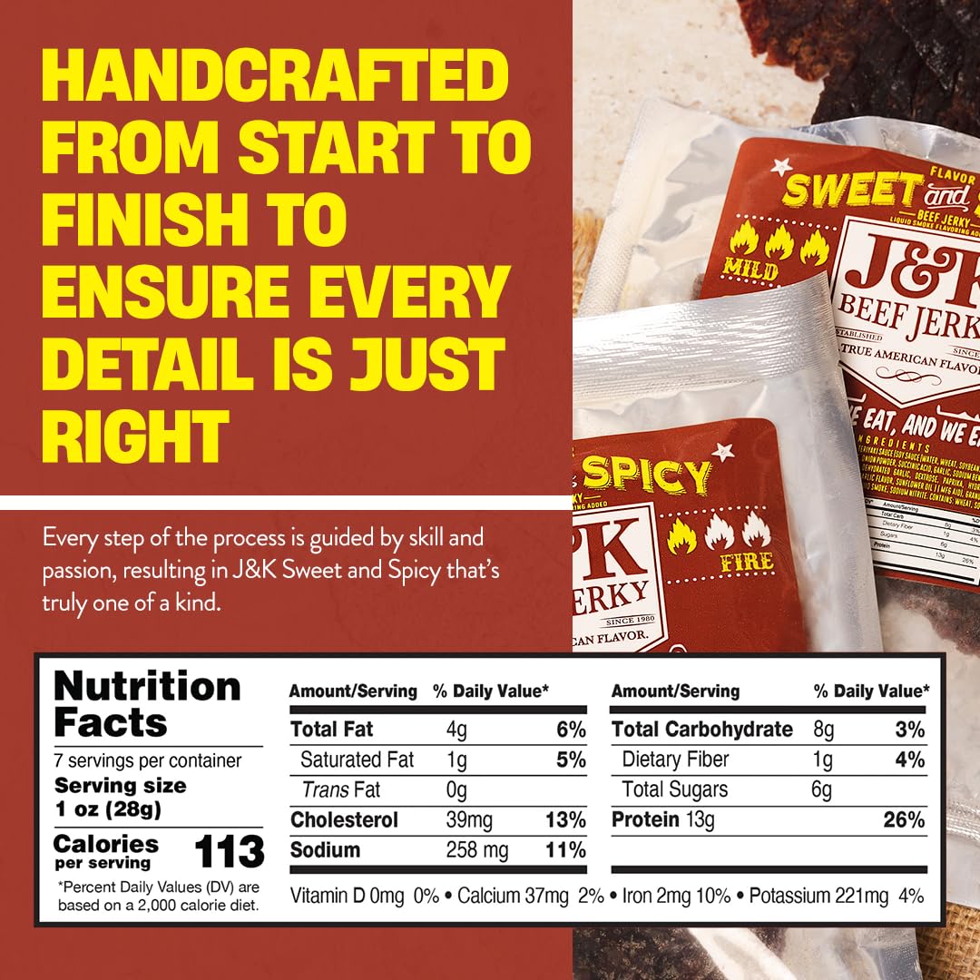 J&K Beef Jerky American-made badge emphasize craftsmanship and small batch quality.
