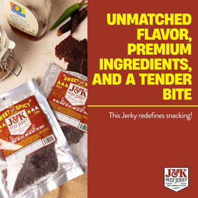 J&K Beef Jerky ingredients panel hints at simple, high-protein snack.