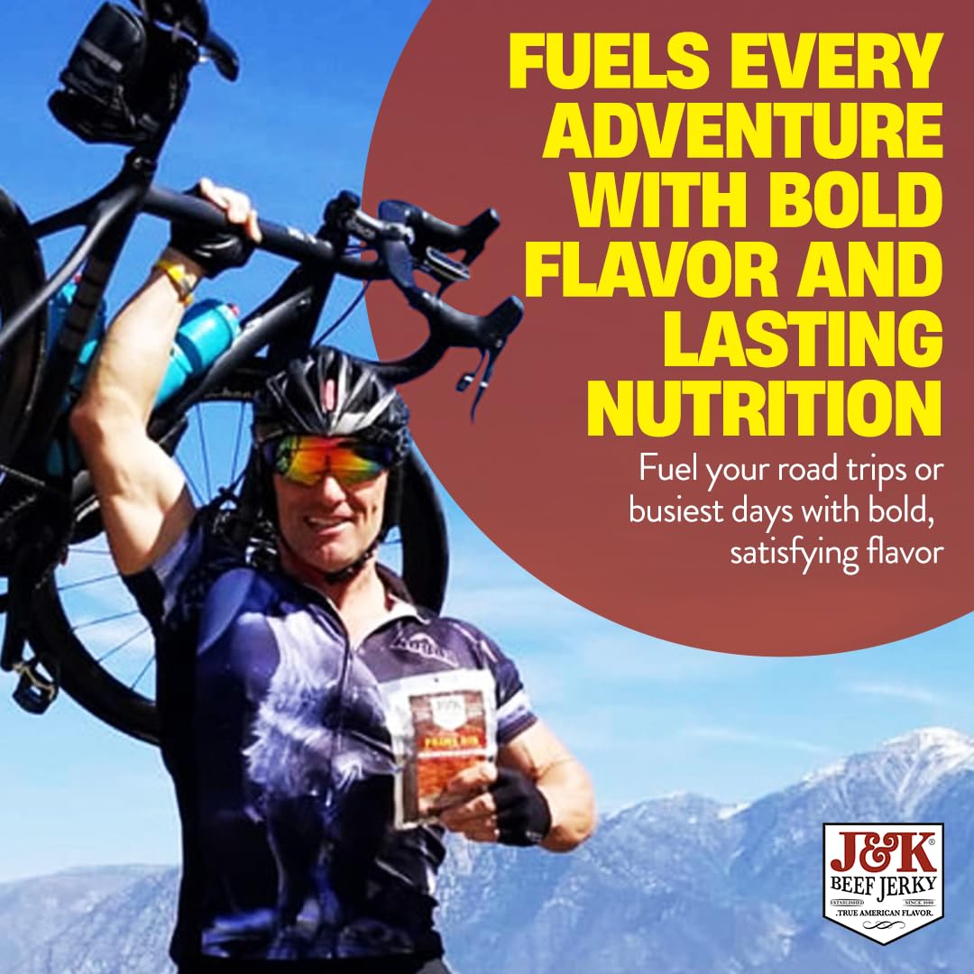 J&K Beef Jerky serving plate showing ready-to-eat snack perfect for road trips.