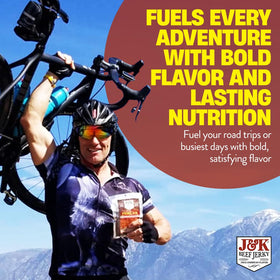 J&K Beef Jerky serving plate showing ready-to-eat snack perfect for road trips.