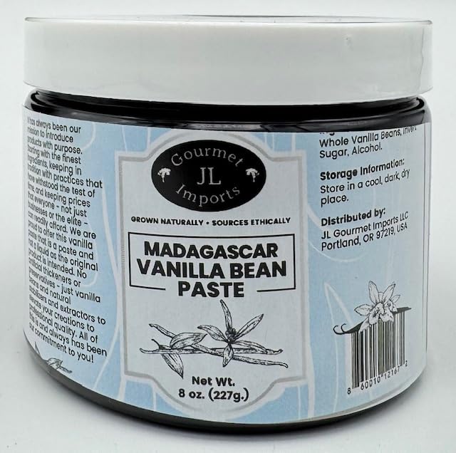 JL Gourmet Imports Vanilla Bean Paste bottle showing authentic flavor for desserts