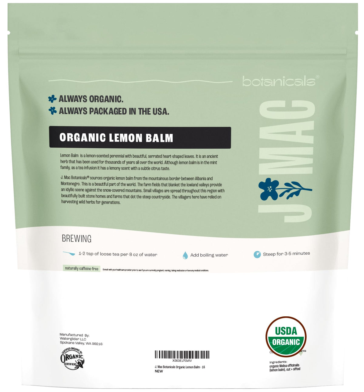 J Mac Botanicals Lemon Balm as a family-owned brand emphasizing organic quality.
