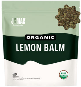 J Mac Botanicals Lemon Balm loose-leaf tea shows bright citrus aroma for refreshing brews.