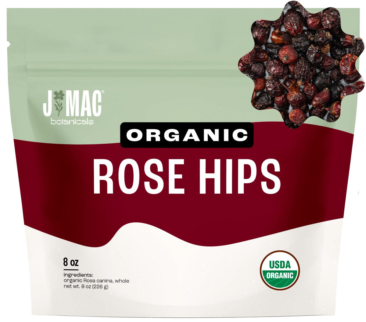 J Mac Botanicals Organic Rose Hips whole for soothing tea rituals.