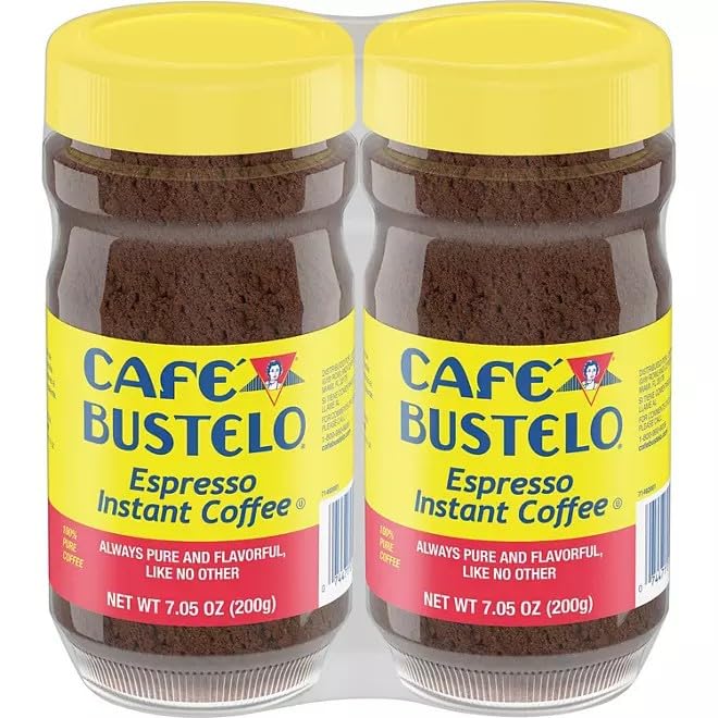 Cafe Bustelo instant coffee two-pack jars, ready for quick, rich mornings.