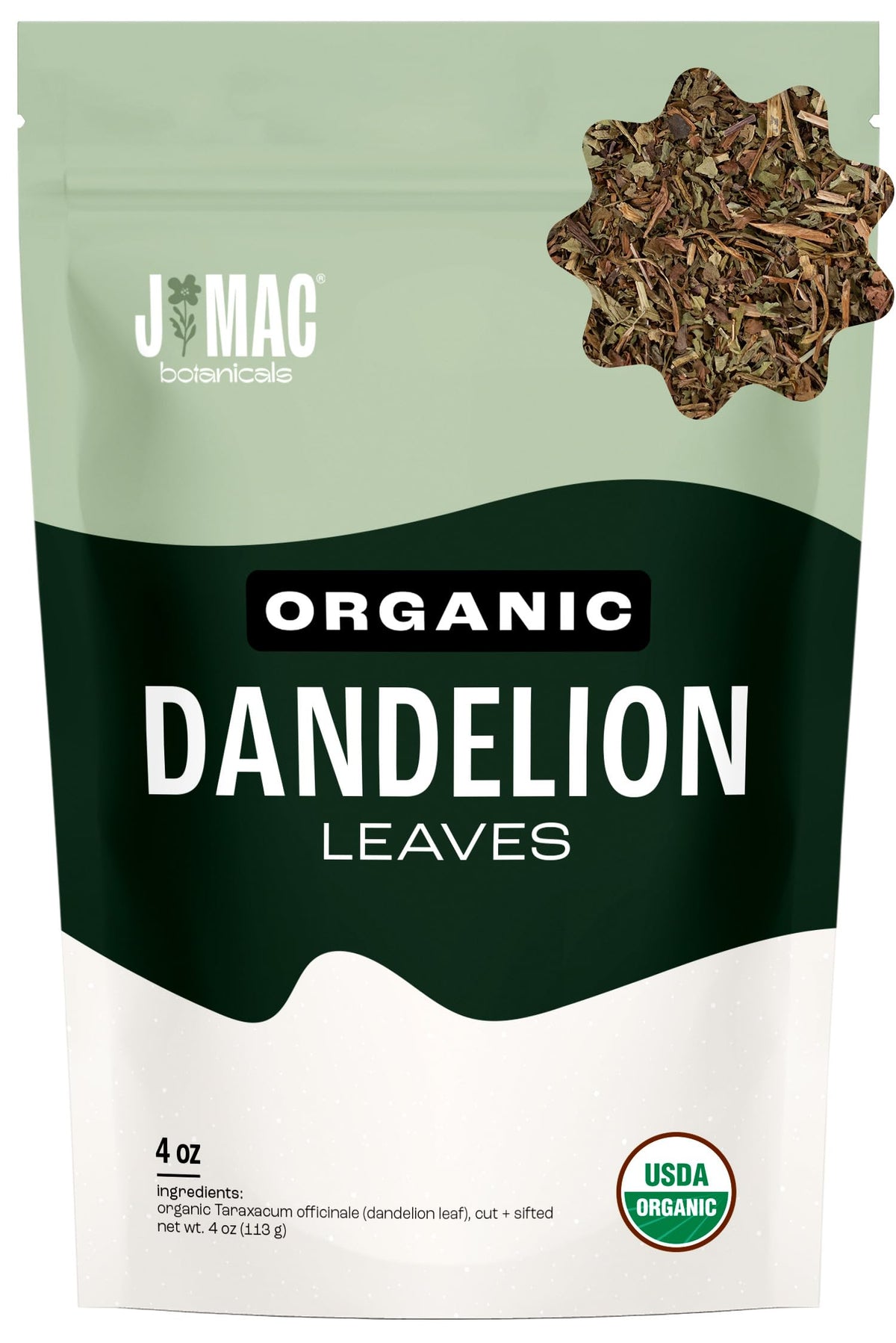 J Mac Botanicals dandelion leaves 4oz bag ready for brewing herbal tea.