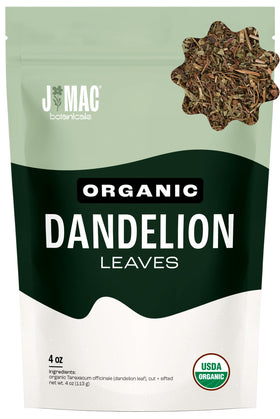 J Mac Botanicals dandelion leaves 4oz bag ready for brewing herbal tea.