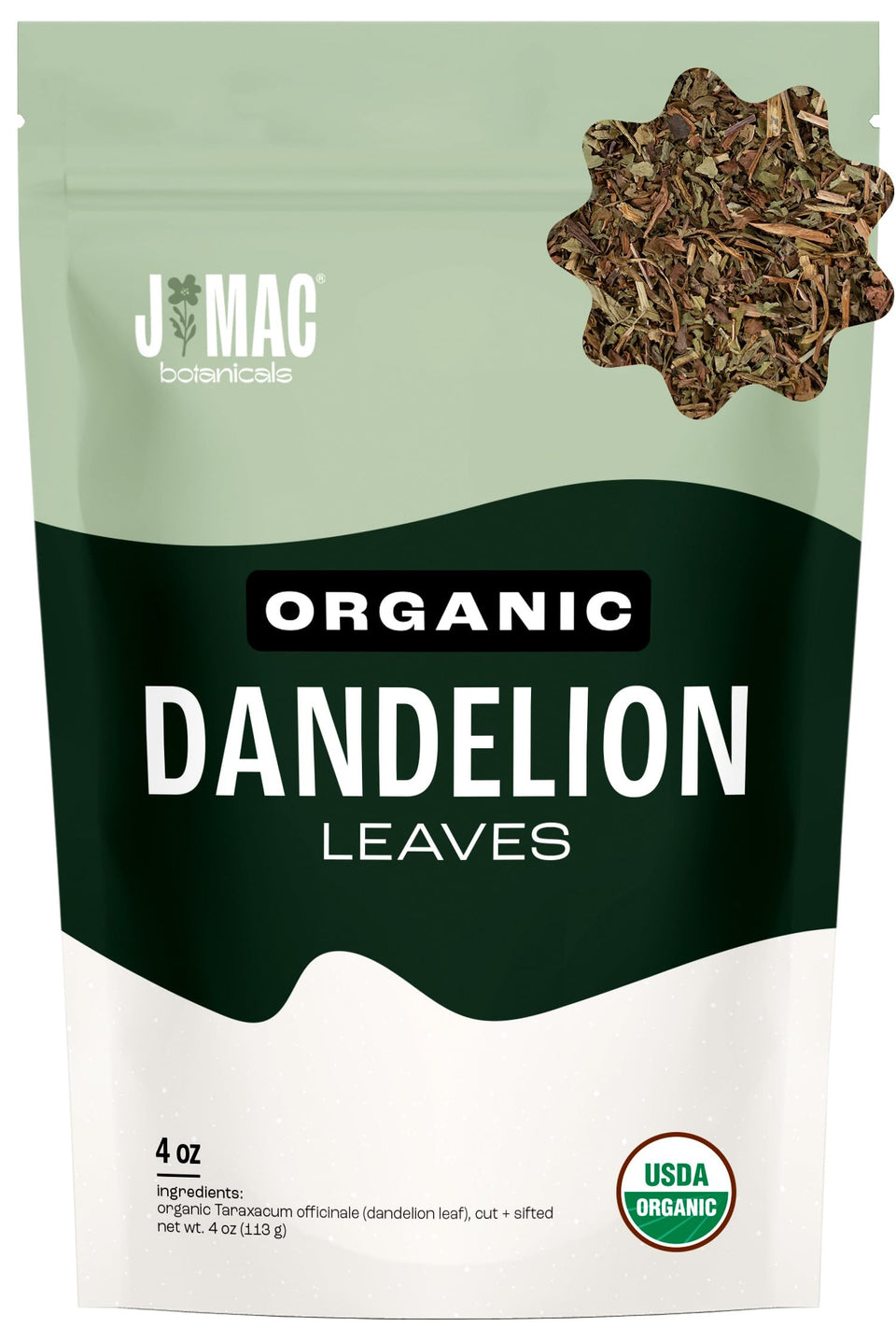 J Mac Botanicals dandelion leaves 4oz bag ready for brewing herbal tea.