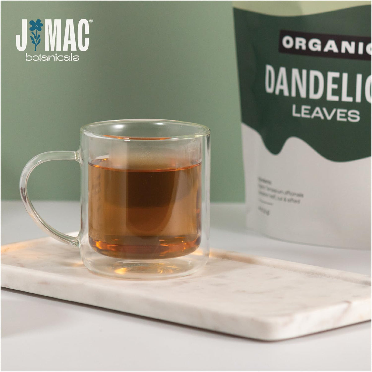 J Mac Botanicals dandelion leaves in USA-packaged bag highlighting freshness.