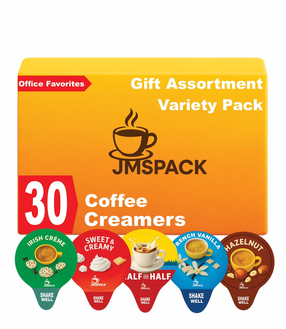 JMS Professional variety-pack creamer box shows six flavors for gifting and office use.