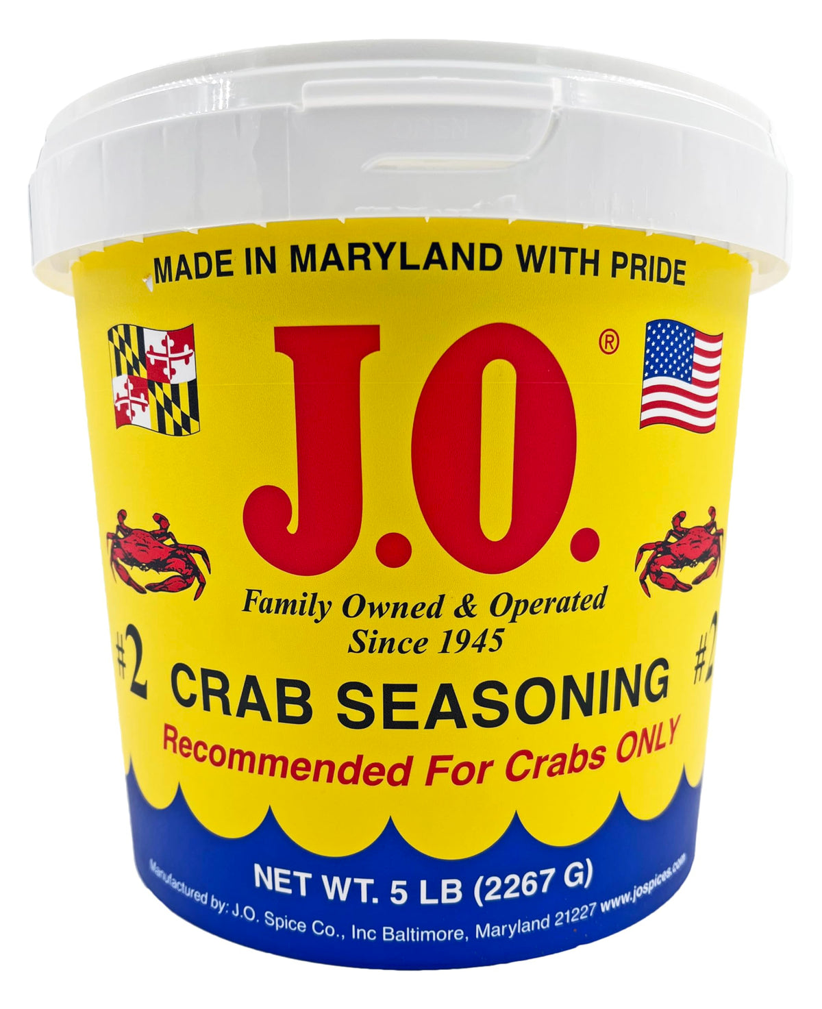 J.O. crab seasoning 5 pound jug close up highlights premium aroma for seafood dishes.