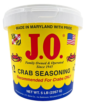J.O. crab seasoning 5 pound jug close up highlights premium aroma for seafood dishes.
