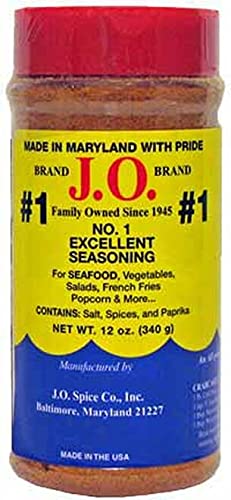 J.O. Brand No. 1 Seafood Seasoning bottle enhances seafood flavor without overpowering natural taste.