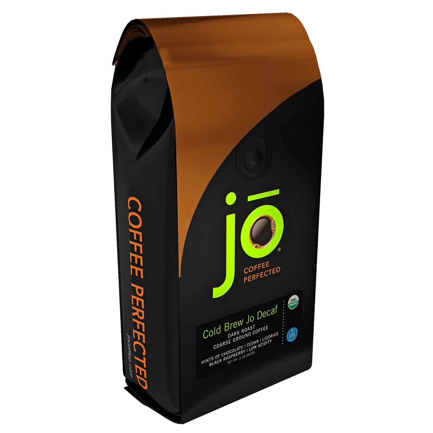 Jo Coffee Cold Brew JO Decaf bag showcases organic aroma for smooth, low-acid cold brewing.