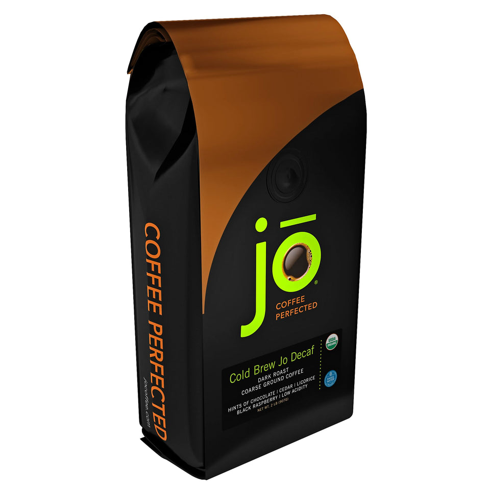 Jo Coffee Cold Brew JO Decaf bag showcases organic aroma for smooth, low-acid cold brewing.