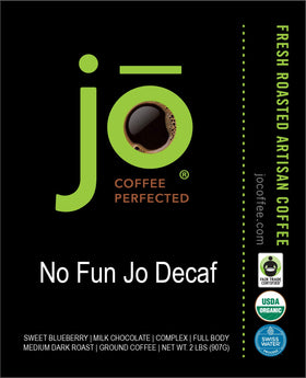 NO FUN JO DECAF tin-pack, resealable for fresh aroma and easy storage.