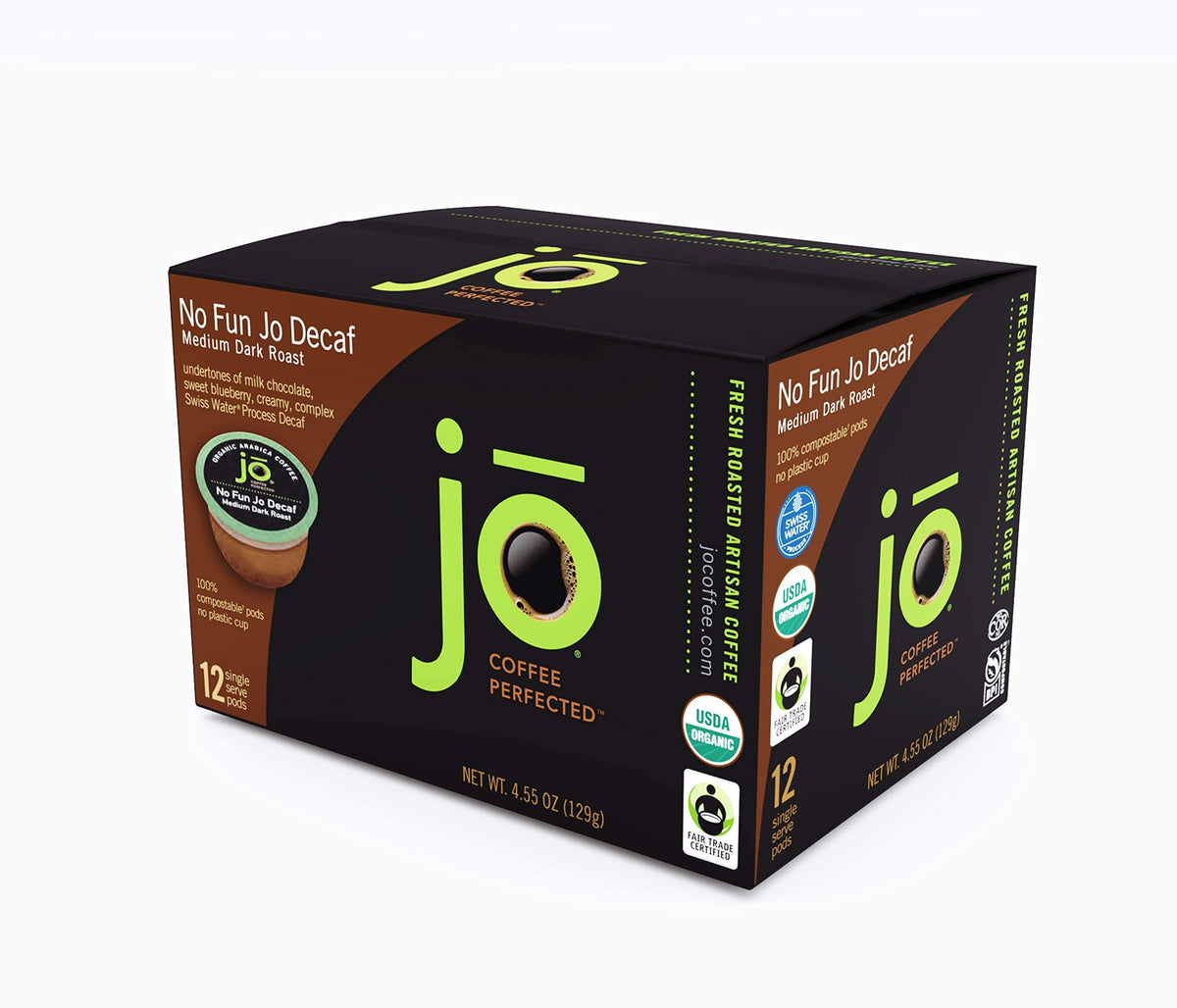 Packaging beside a bag shows compact storage for No Fun Jo Decaf.