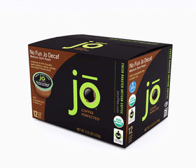 Packaging beside a bag shows compact storage for No Fun Jo Decaf.