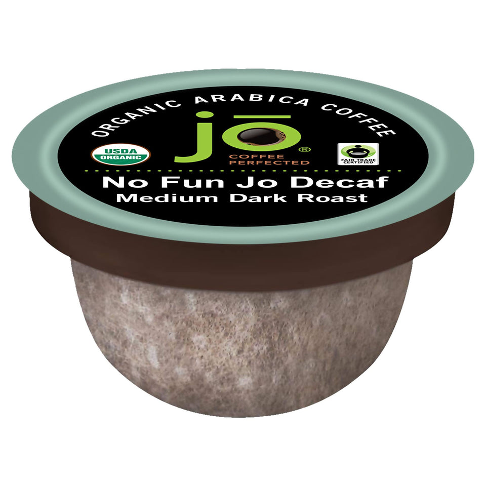 Jo Coffee No Fun Jo Decaf pods packaging showcasing compostable design.