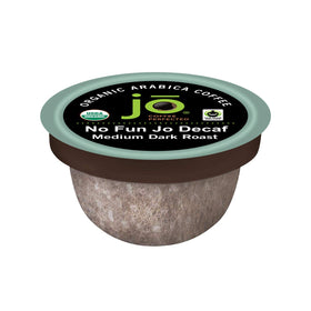 Jo Coffee No Fun Jo Decaf pods in compostable packaging for quick single-serve brews.