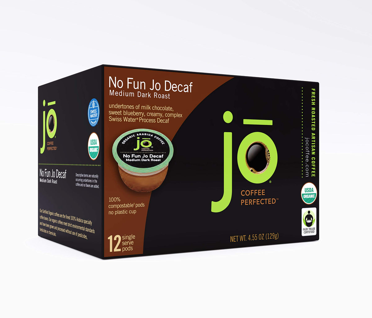 Resealable inner pouch keeps No Fun Jo Decaf freshness.