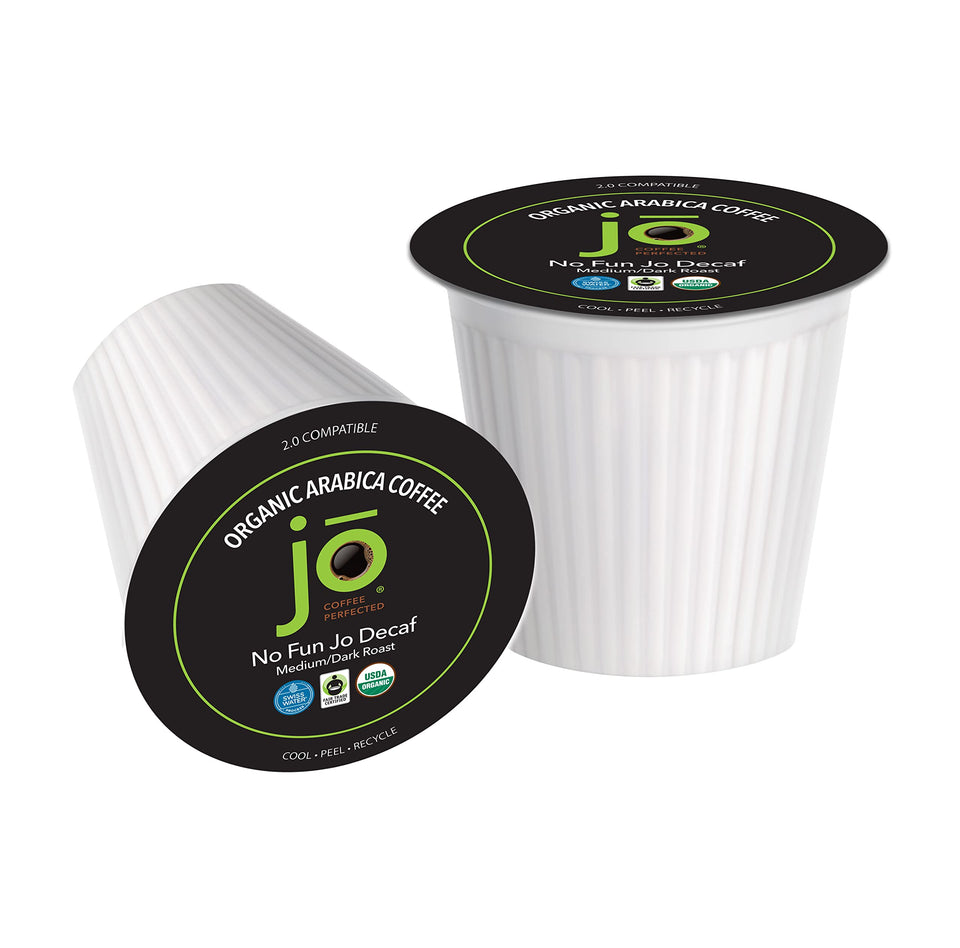 Jo Coffee No Fun JoDecaf Fresh Seal cups keep your decaf fresh for home brewing.