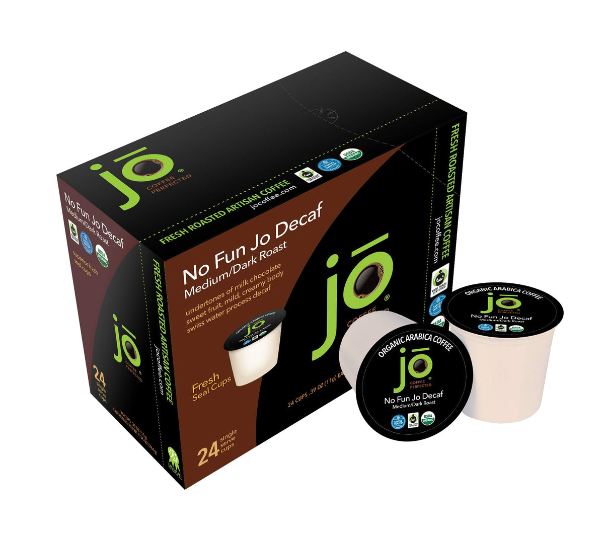 Jo Coffee No Fun JoDecaf in a K-Cup compatible format for easy office coffee.
