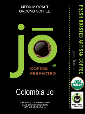 Jo Coffee organic fair-trade label highlights ethical sourcing.