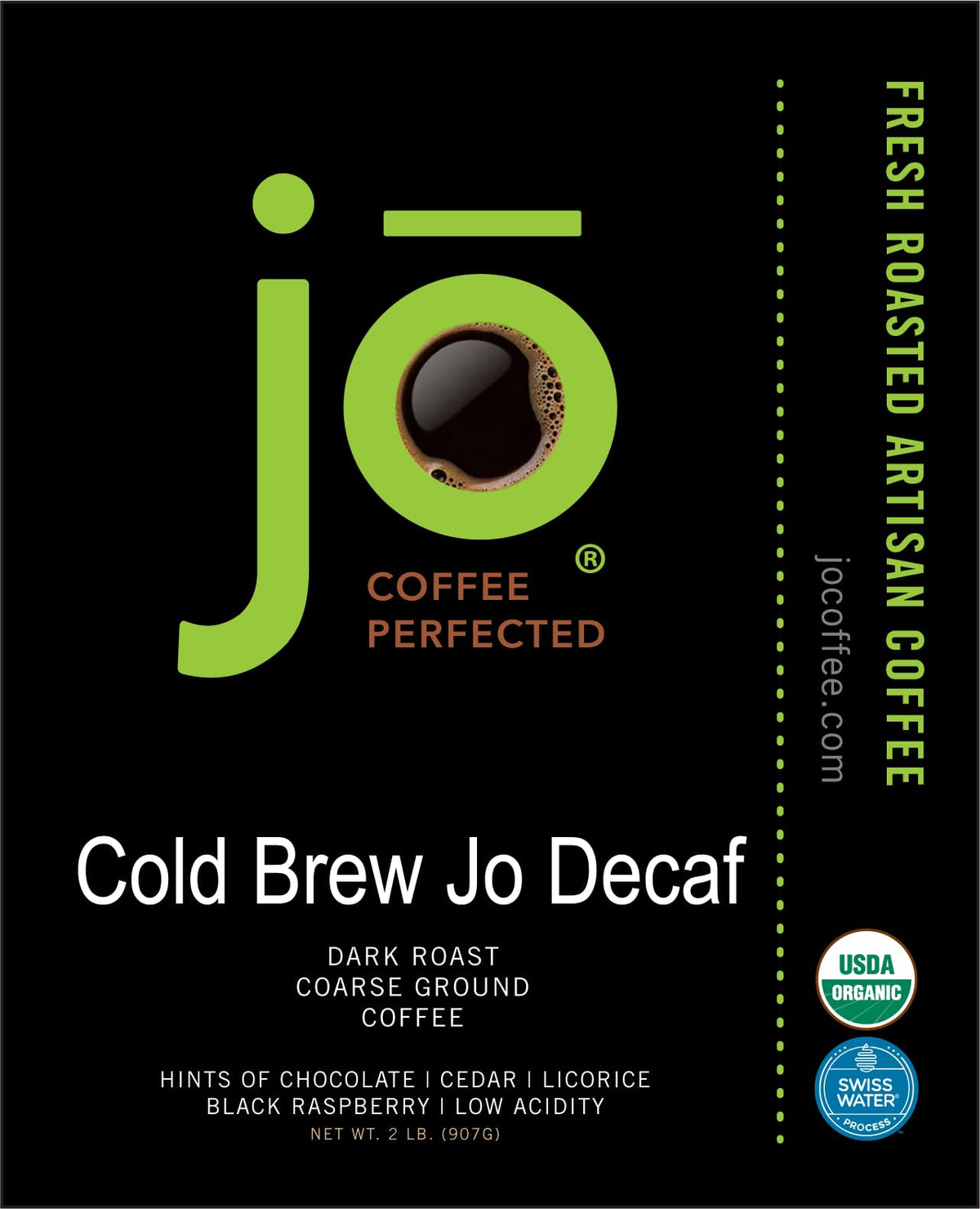 Jo Coffee tasting notes image highlights chocolate and cedar aromas for velvety finish.