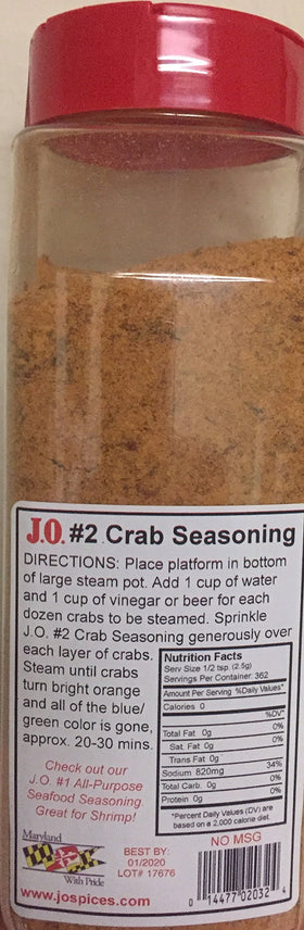 J.O. Crab Seasoning #2 back label shows ingredients and usage tips