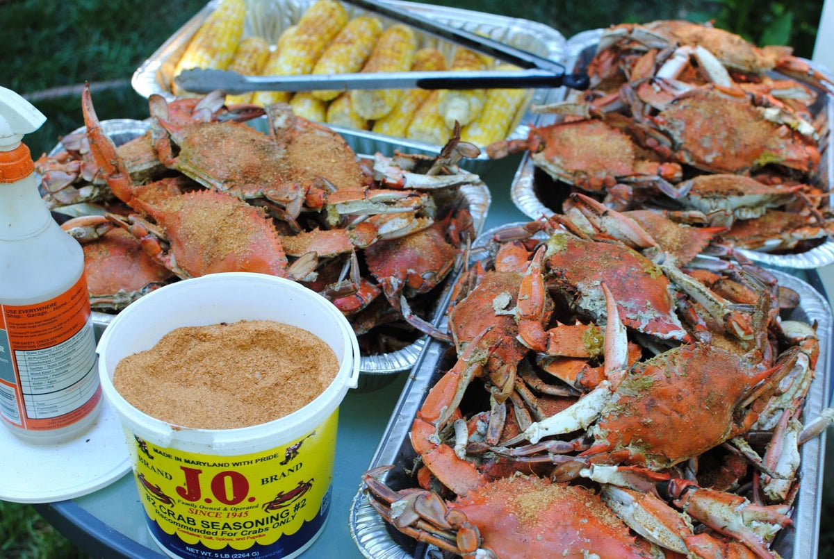 J.O. crab seasoning label closeup shows bold blend ideal for crab meals.