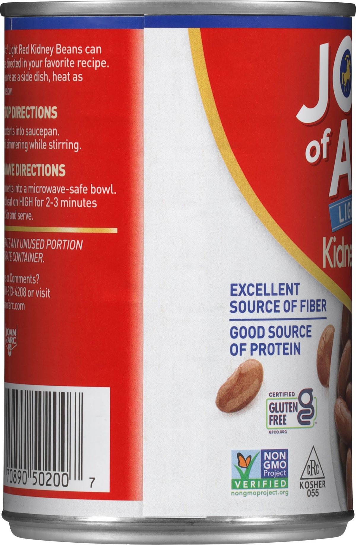 Joan of Arc light red kidney beans label, brick oven flavor hint for hearty dishes.