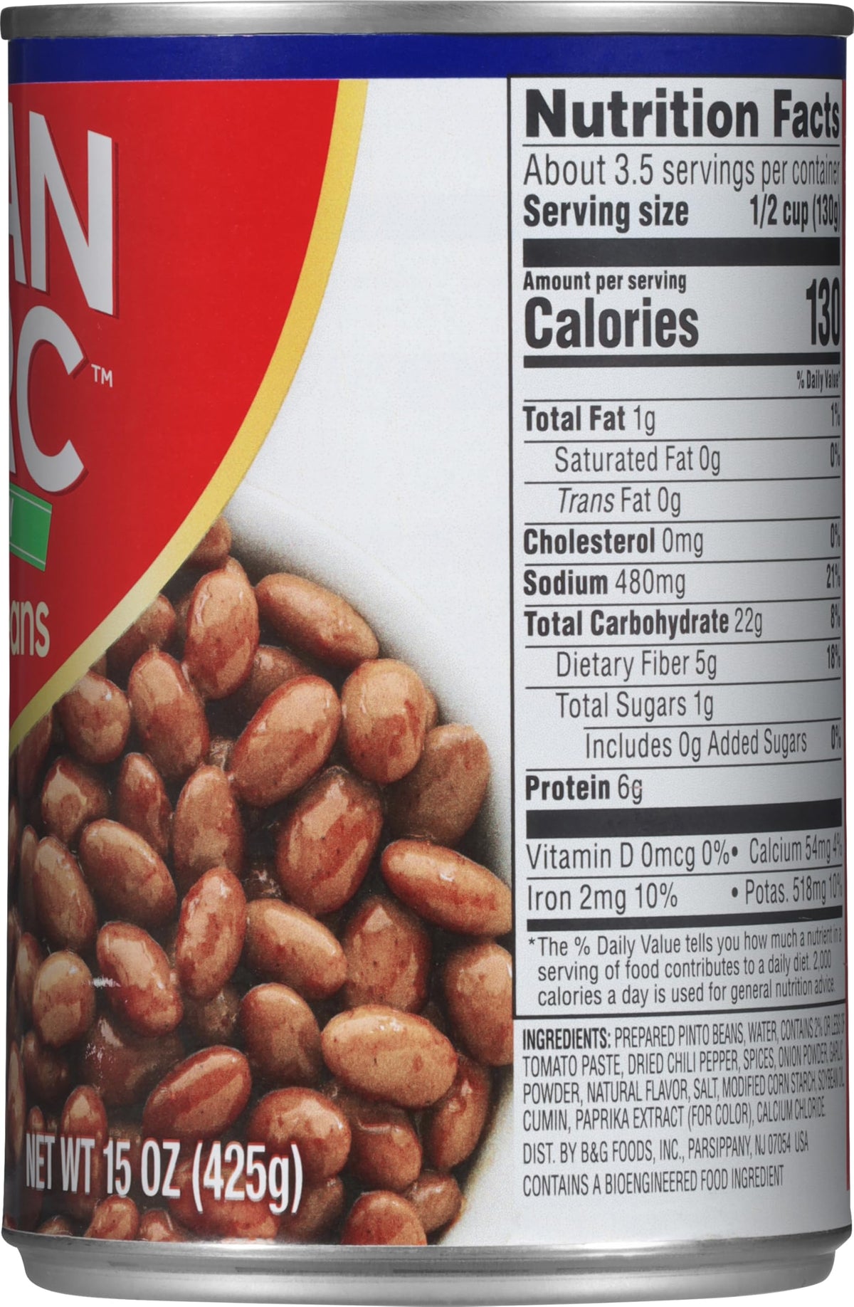 Ingredients panel on Joan of Arc Spicy Chili Beans highlights fiber and protein.